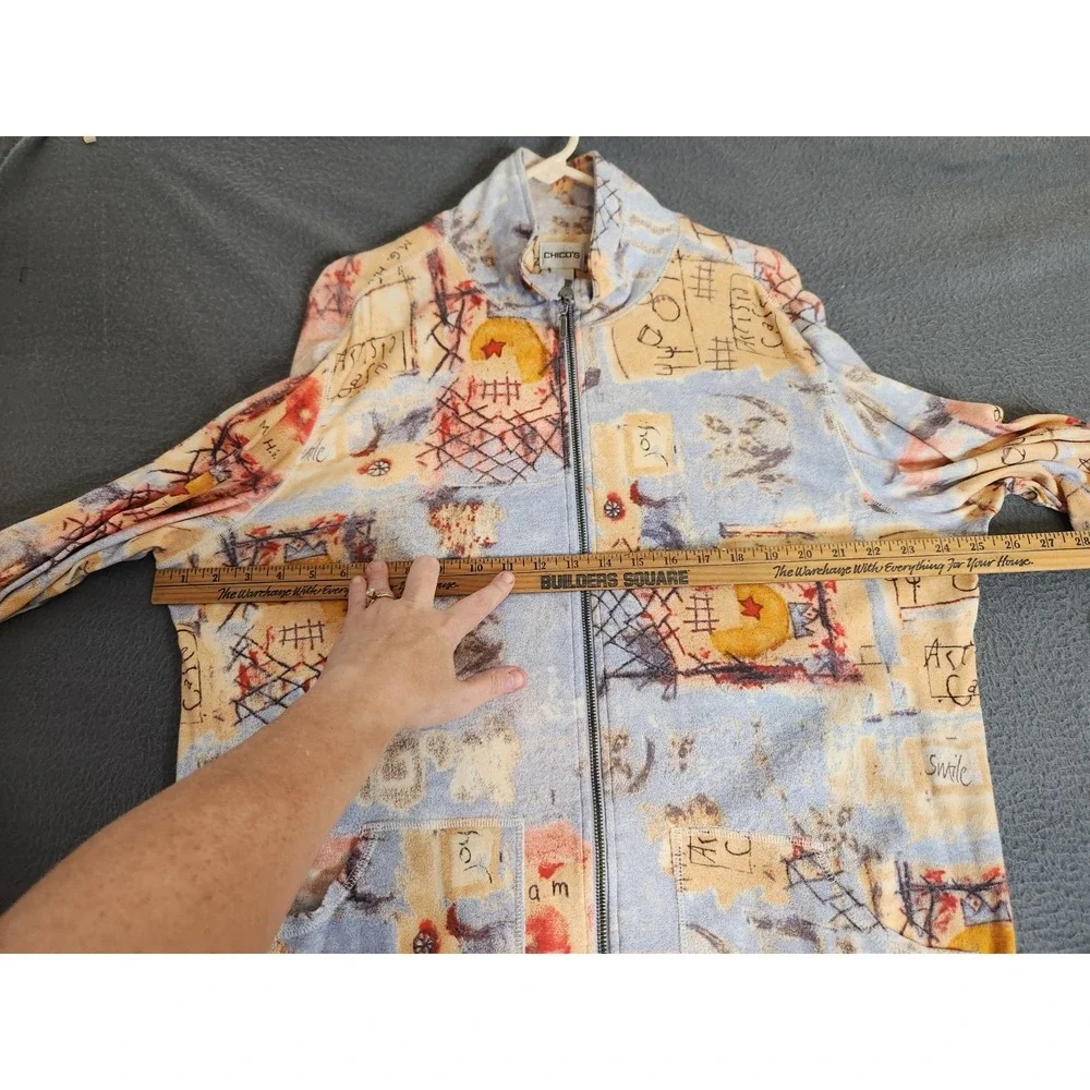 Chico's‎ Jacket Oversized 100% Cotton Primitive Print Zippered Women's Sz 3 (XL)